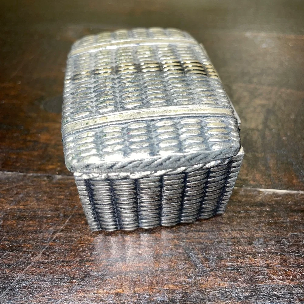 Vintage Jewelry Silverplate Casket Picnic‎ Basket Straps Trinket Box